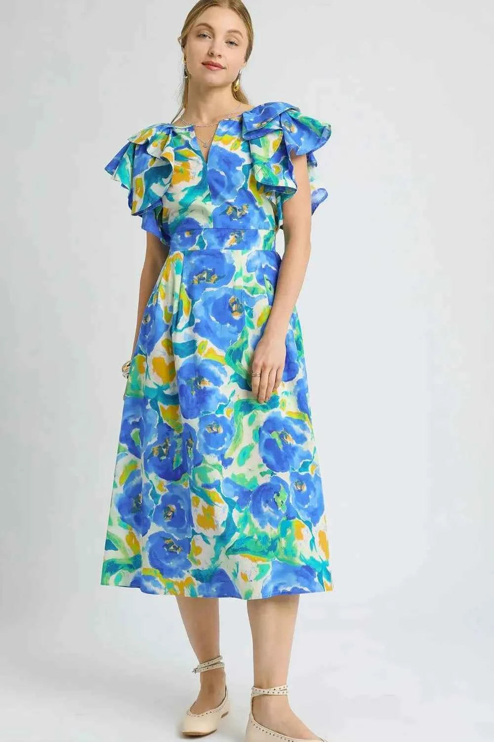 Umgee Floral Ruffled Cap Sleeve Midi Dress Blue a2cf944b-ac5d-4001-96fb-ffee45cc8835-Max-Origin