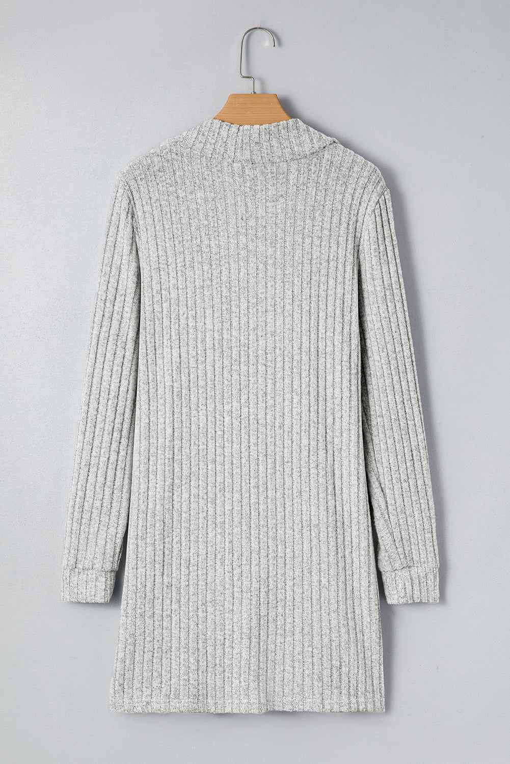 Gray Ribbed Knit Open Front Tunic Cardigan with Pockets