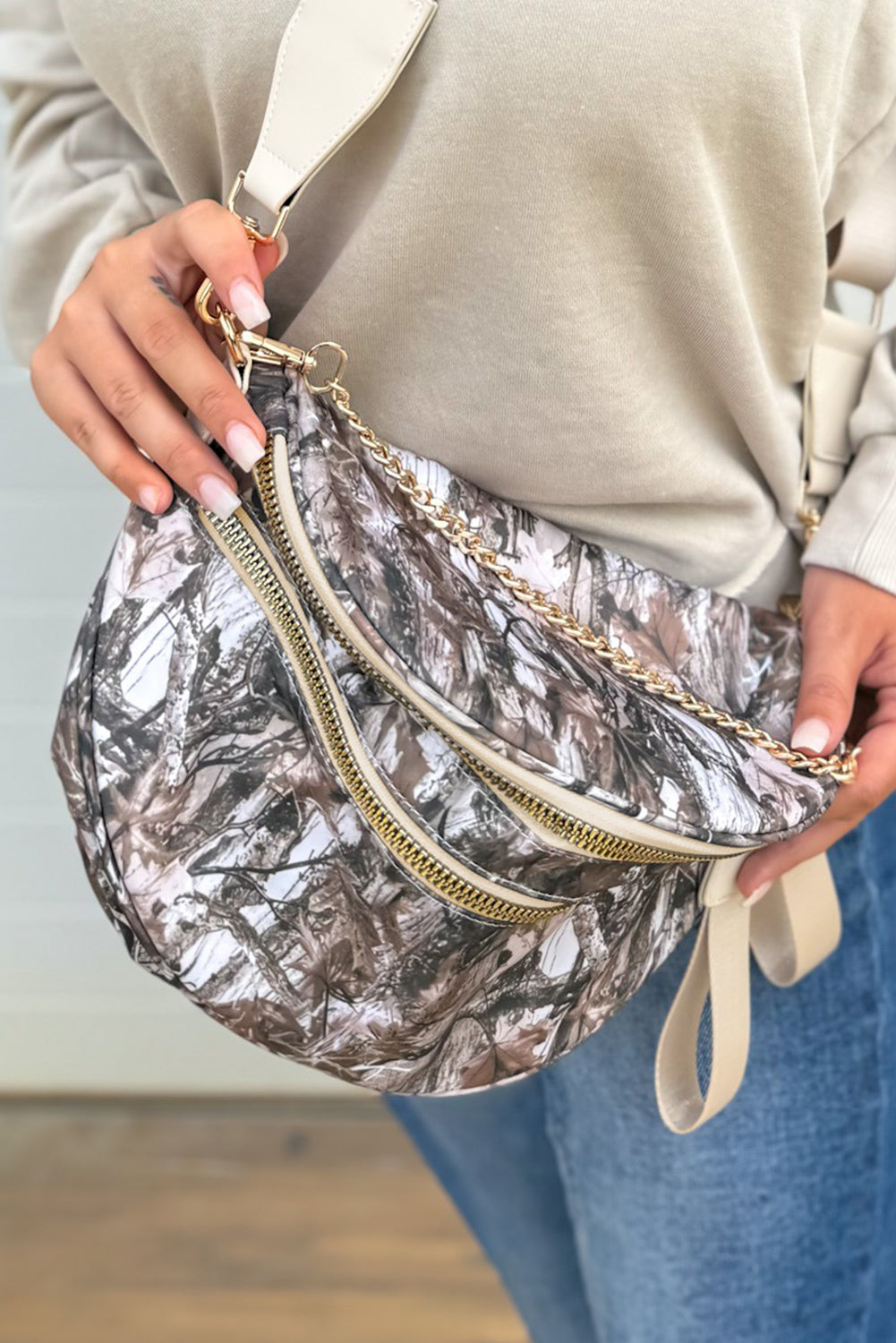 White Camouflage Print Double Zipper Crossbody Bag a2ed10eb2bfcaecc