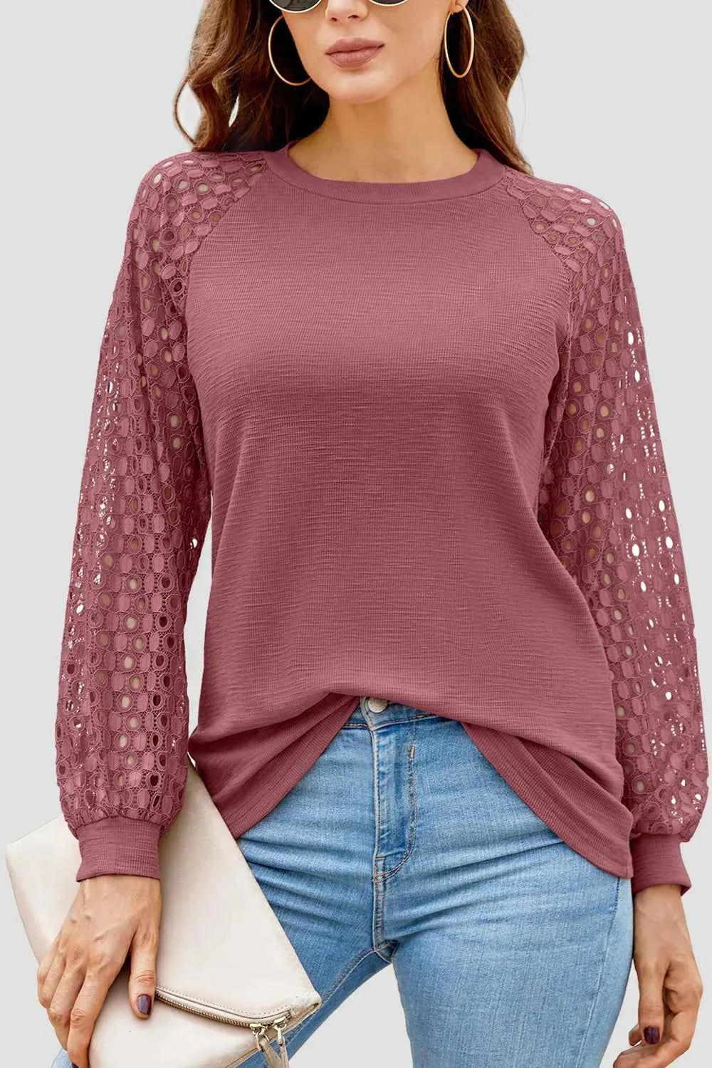 Full Size Eyelet Round Neck Long Sleeve T-Shirt Dusty Pink a30033b4-c792-47d5-830b-82b23e66cb6b-Max