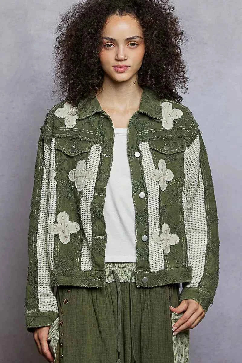 POL Button Down Raw Hem Jacket with Floral Patch OLIVE MULTI a30d955d-3fb9-4ffe-9b63-d5e90161d10e-Max-Origin