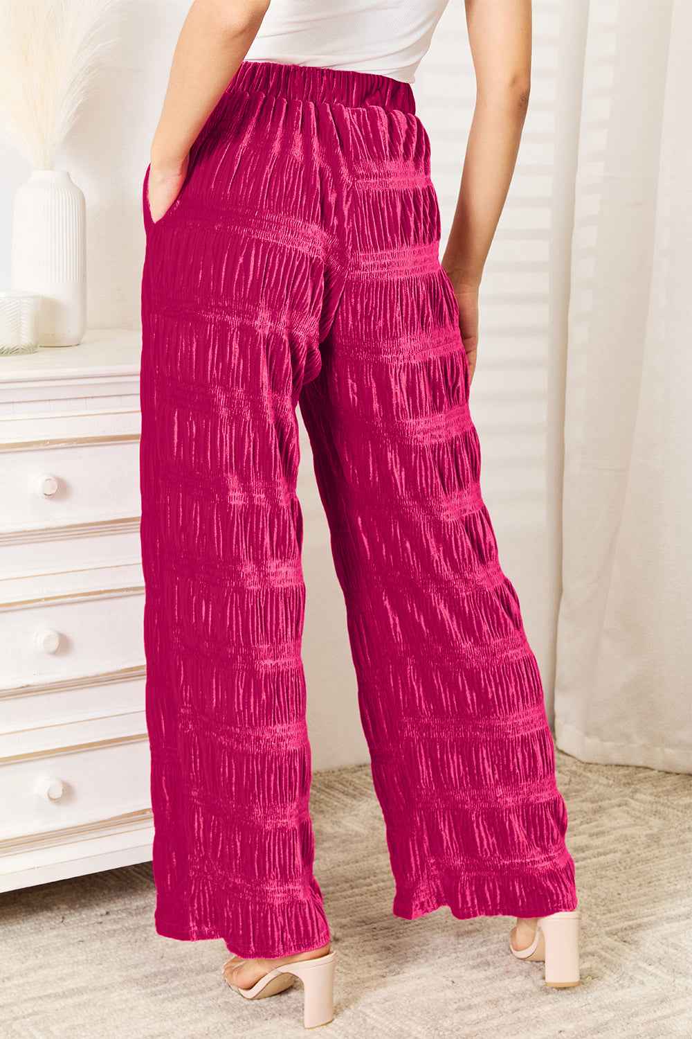 Double Take Full Size High Waist Tiered Shirring Velvet Wide Leg Pants a32e1624380f4433a2f292fe4fe8b54e-Max