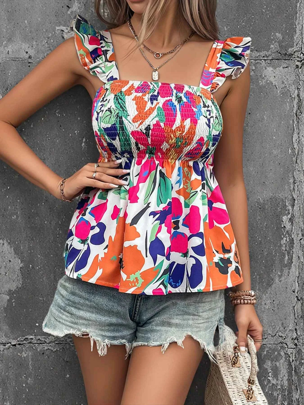 Smocked Printed Ruffled Blouse a33a1ceaa1c5447b91b5df5164b6bdf4-Max-Origin