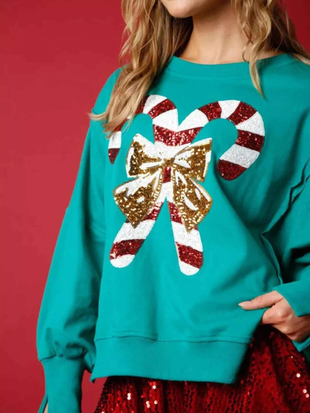 Christmas Candy Cane Bow Dropped Shoulder Sweatshirt a356b8f0-60d6-47d0-a2c1-46b2c066fb09-Max-Origin