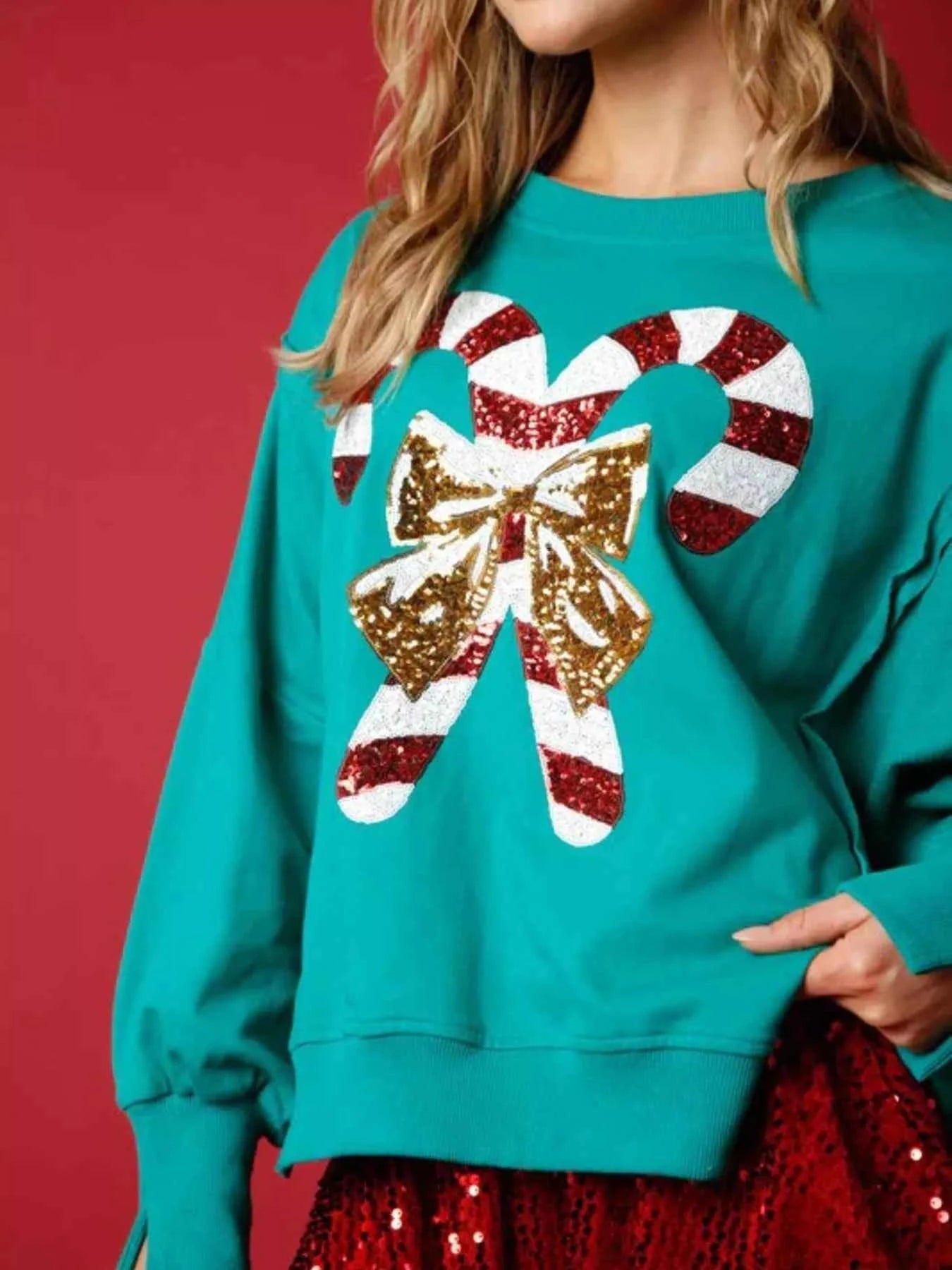 Christmas Candy Cane Bow Dropped Shoulder Sweatshirt a356b8f0-60d6-47d0-a2c1-46b2c066fb09-Max-Origin