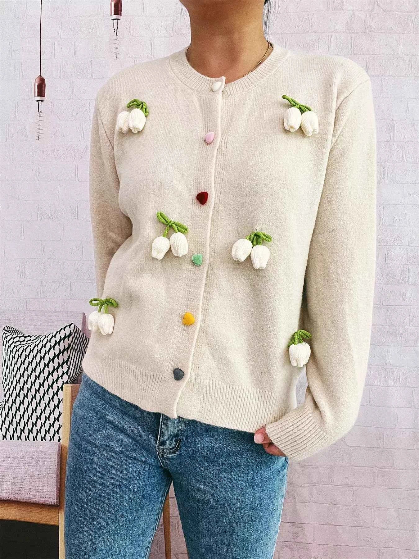 Flower Button Up Long Sleeve Cardigan Beige One Size a358f538a0cb4b08bc3100fccd910bc0-Max-Origin