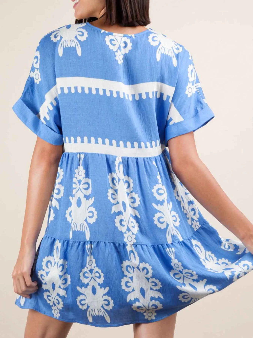 Printed V-Neck Short Sleeve Mini Dress a35f7969-e583-4782-807d-82c5128b7aed-Max-Origin