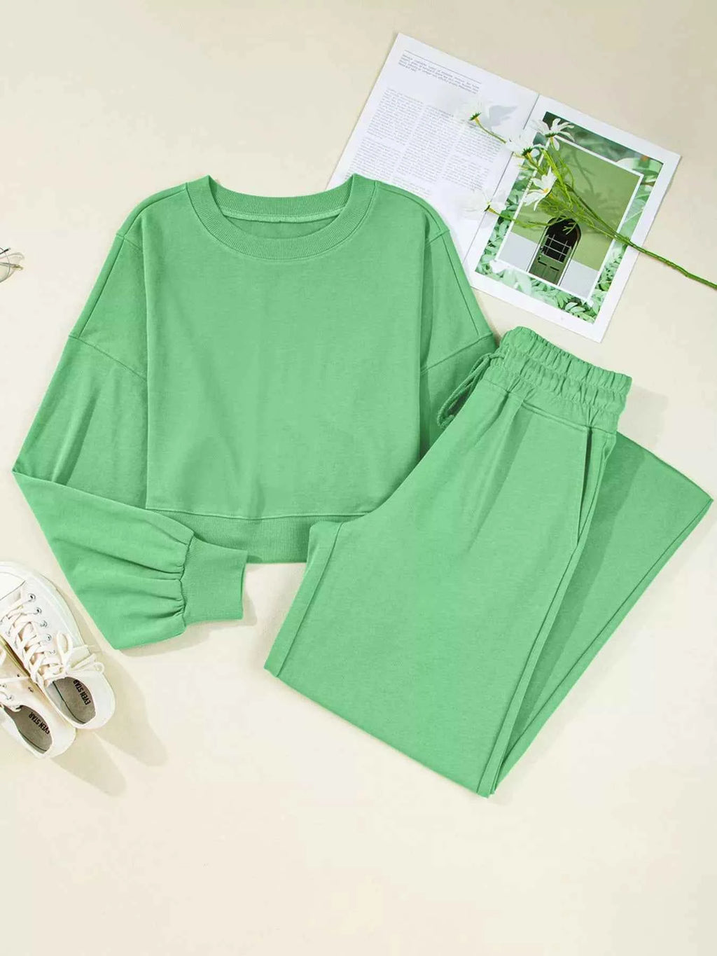 Drop Shoulder Puff Sleeve Crop Top and Drawstring Wide Leg Pants Set a389f7a7-2a5c-4787-9f08-91594e7e5e62-Max-Origin