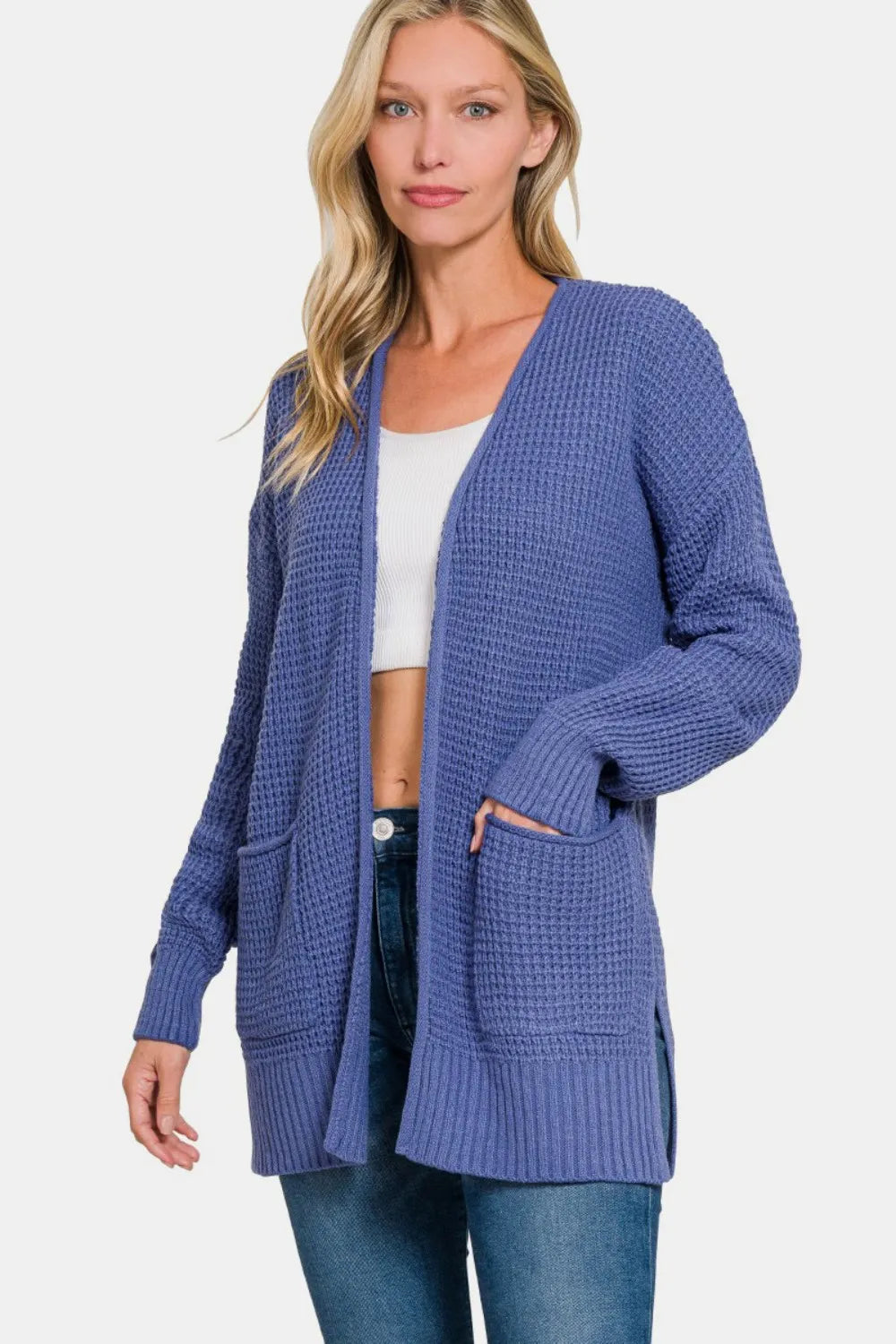 Zenana Waffle Open Front Sweater Cardigan Marlin a39d4130-ce96-4353-8d43-575156af5eb0-Max