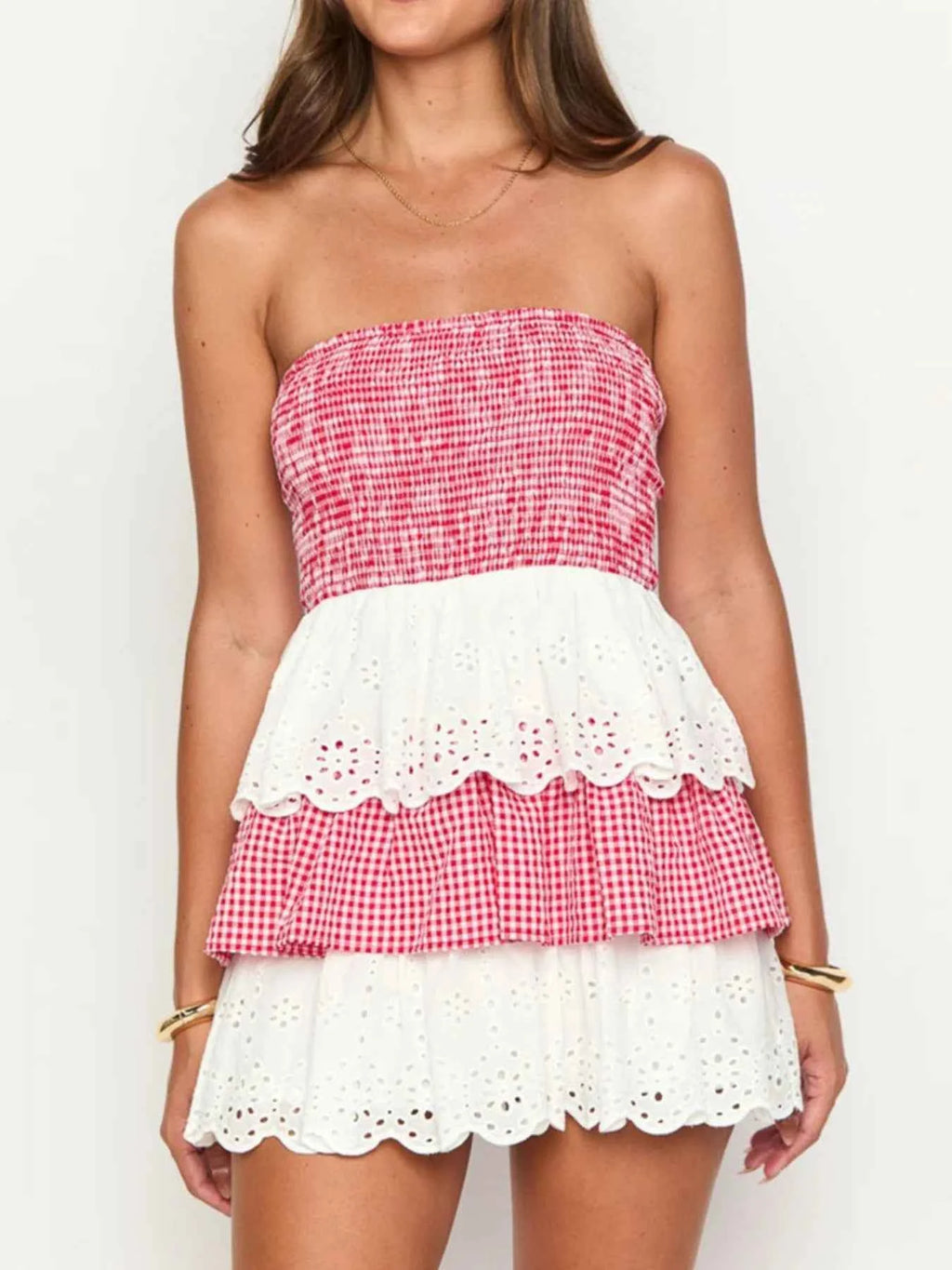 Eyelet Gingham Ruffle Layered Tube Dress a3b73cac-0848-4a19-a2a7-0e48531488d6-Max-Origin