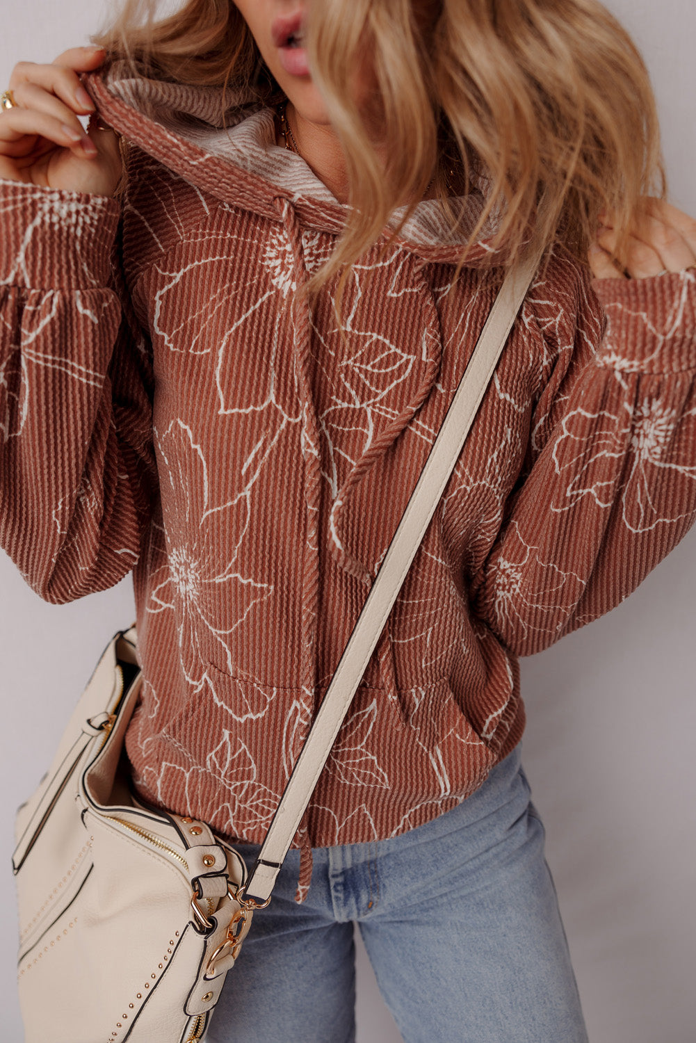 Brown Floral Twisted Rib Drawstring Kangaroo Pocket Hooded Top a3bb70aa6757de67