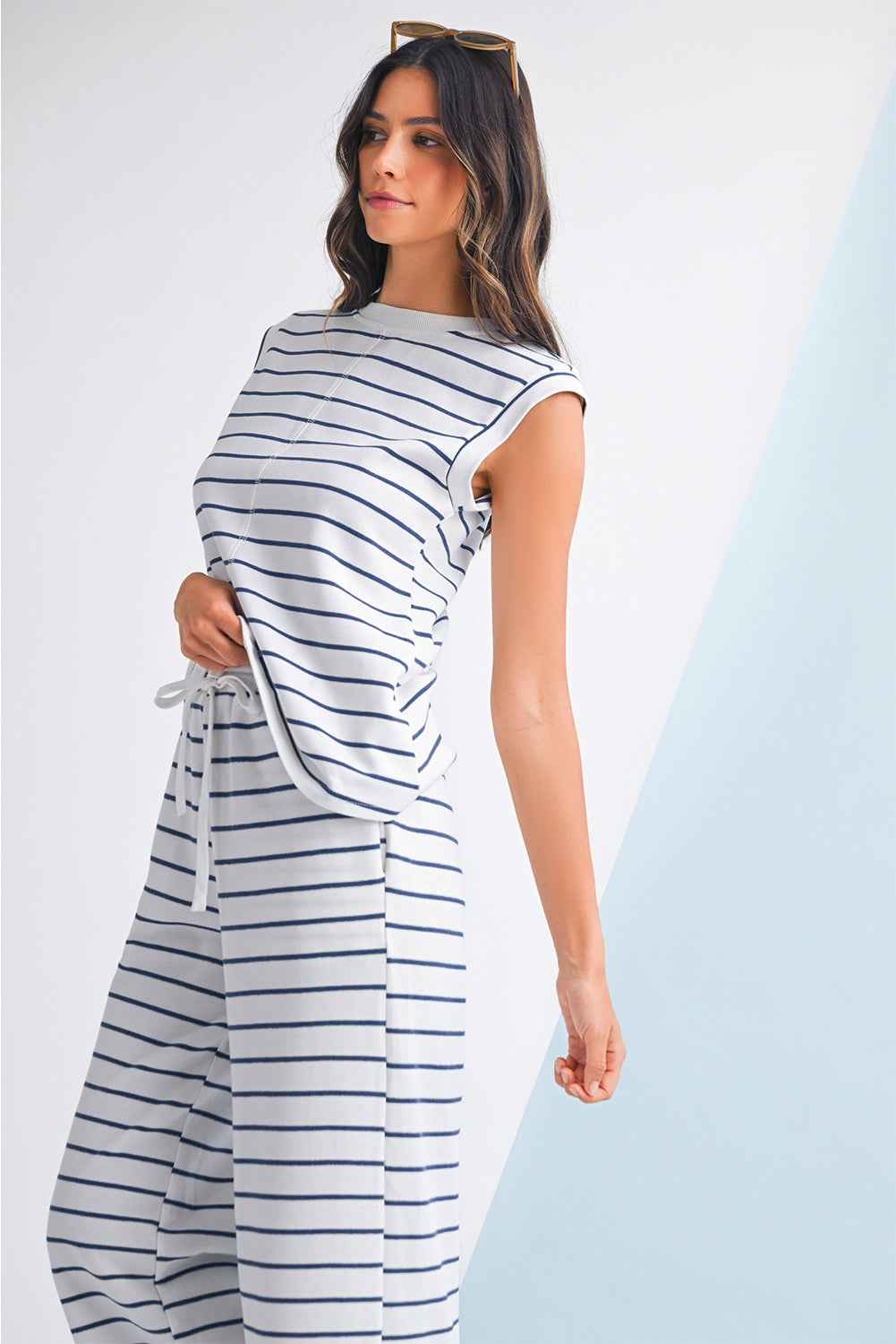 Sail Blue Casual Striped Tee and Wide Leg Pants Set a3c1724d83654d75