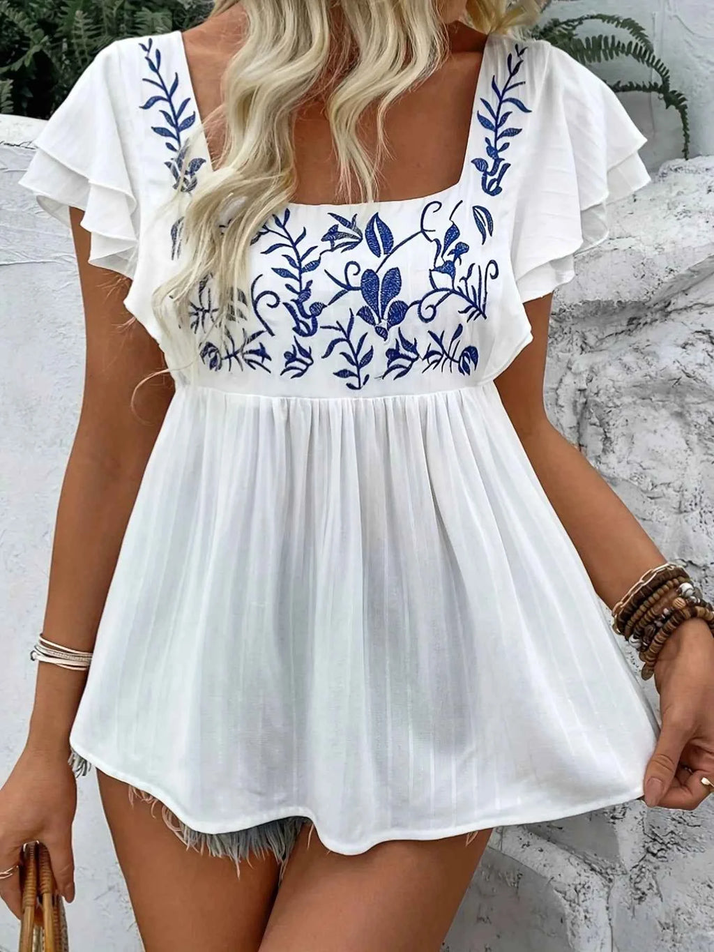 Embroidered Flutter Sleeve Blouse White a3c5bd245e224c2c9b0b340281078342-Max-Origin