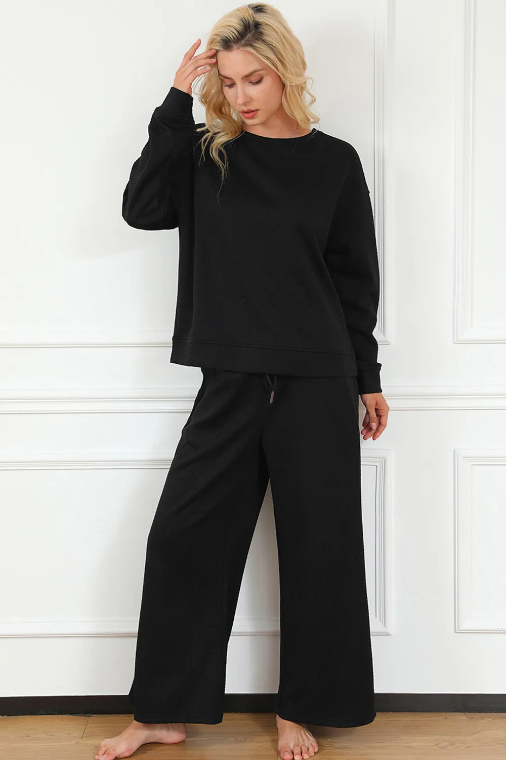 Double Take Full Size Textured Long Sleeve Top and Drawstring Pants Set a3c7a08293a54dafaf4b5754681c93be-Max