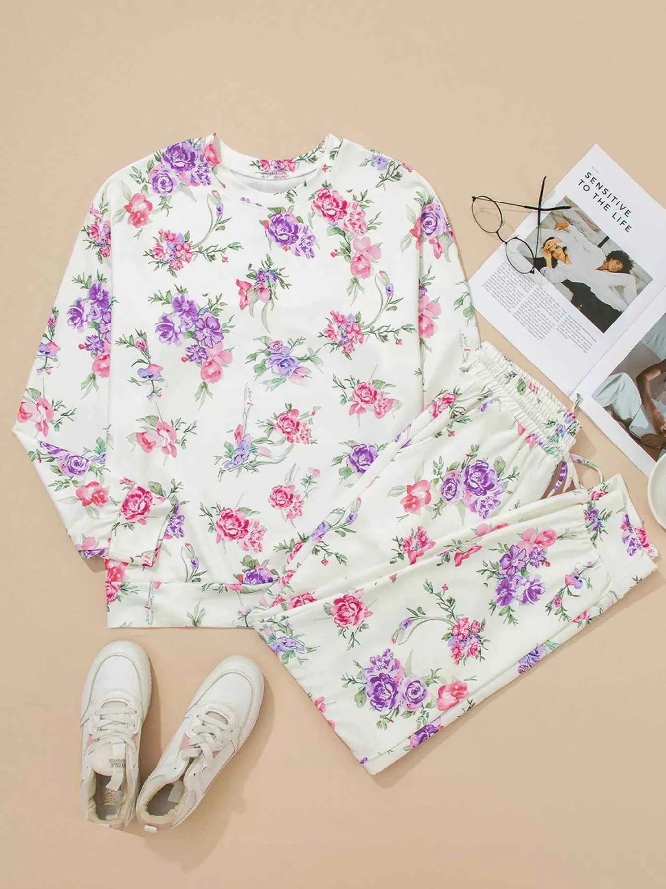 Floral Print Round Neck Top and Drawstring Pants Lounge Set a3ec4f3350514da2887380202daee24f-Max-Origin