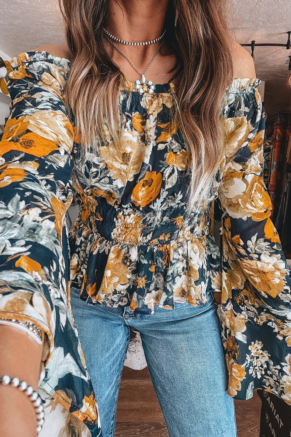 Blue Floral Off Shoulder Bell Sleeve Smocked Peplum Top a3eeac0c00e8bb61