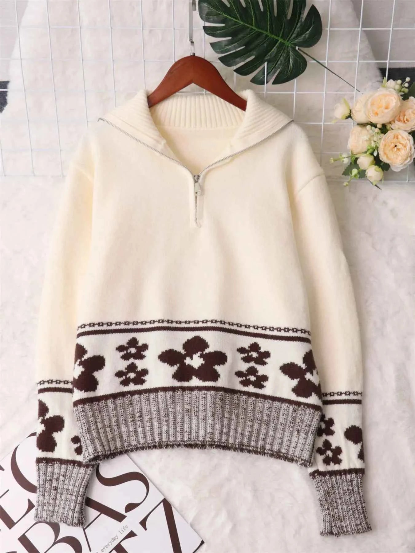 Flower Zip Collar Long Sleeve Sweater a41526a234614a319c18f68bd0c187b1-Max-Origin