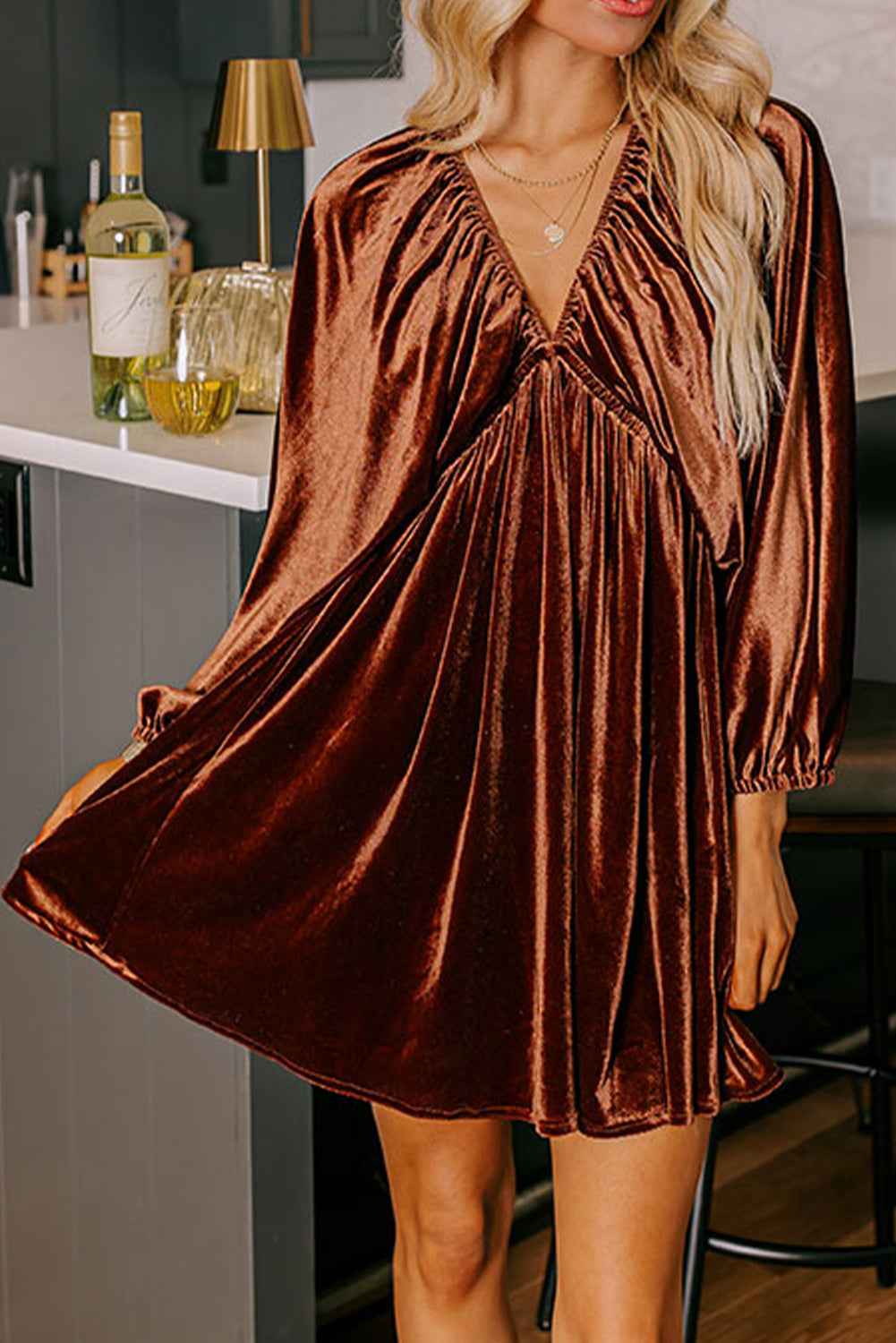 Clay Elastic V Neck Puff Sleeve Flowy Velvet Dress Clay 95%Polyester+5%Elastane a416dd8dde1e1ad8