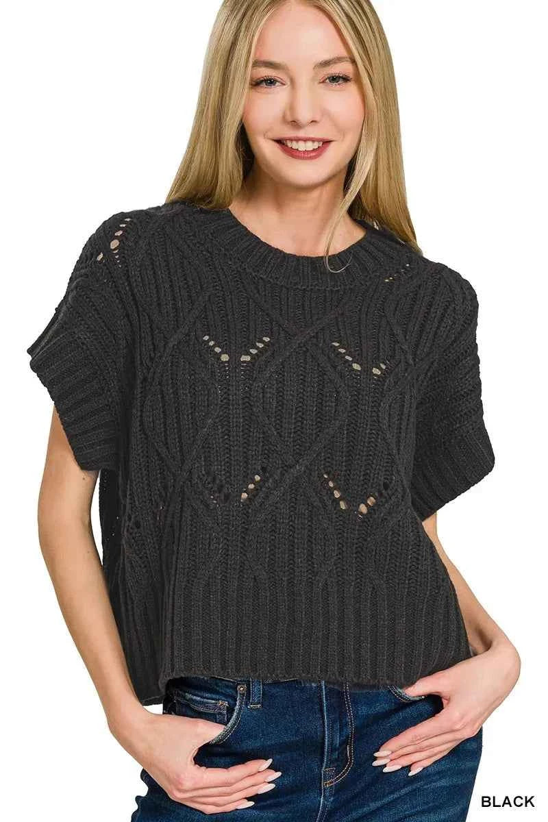 Zenana Cable Knit Short Sleeve Sweater BLACK a4188350290a4ef28e07c95f4161649b-Max-Origin