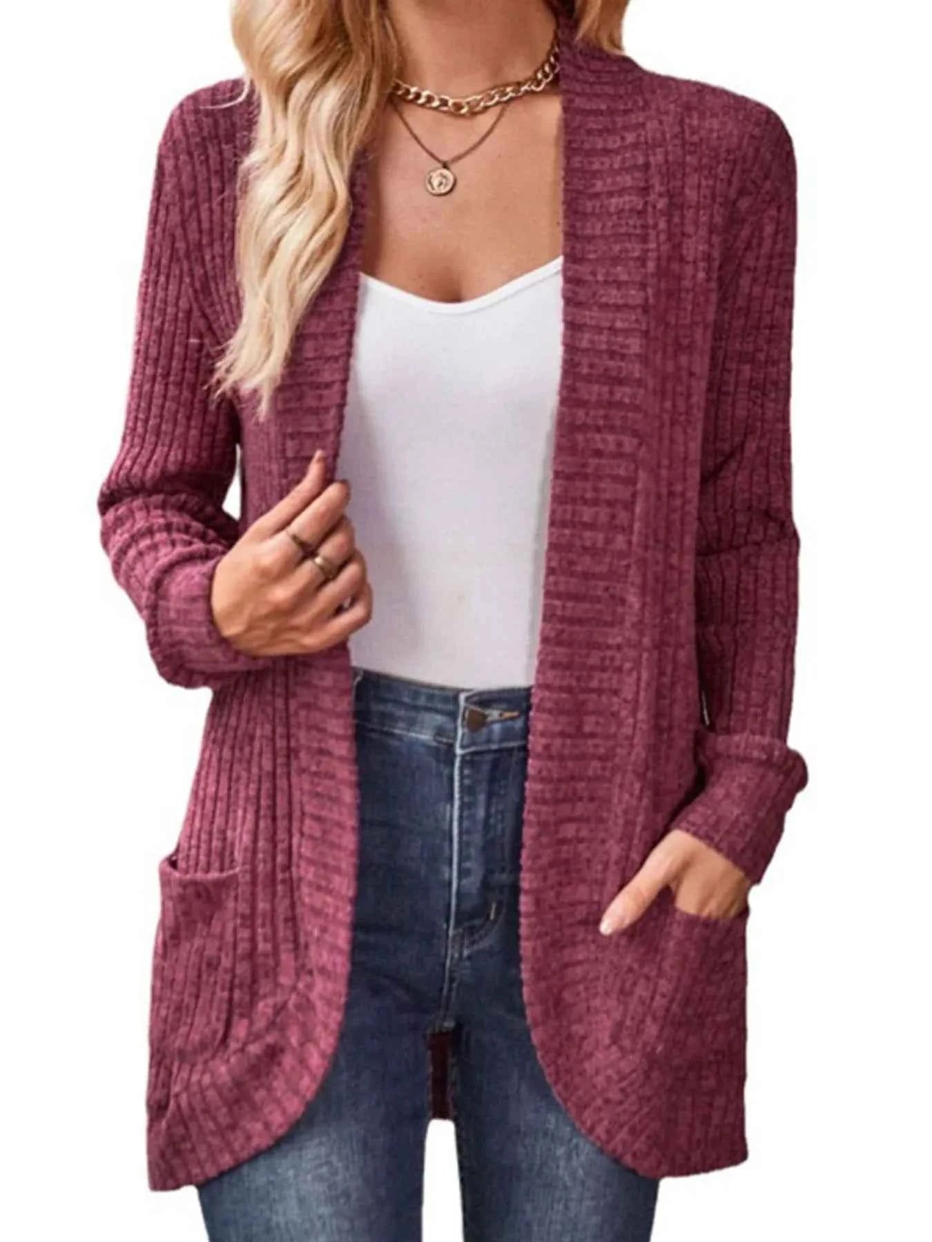 Ribbed Knit Open Front Cardigan with Pockets Wine Red a41bcddc-b3ef-438e-99f4-67ace580db77-Max-Origin