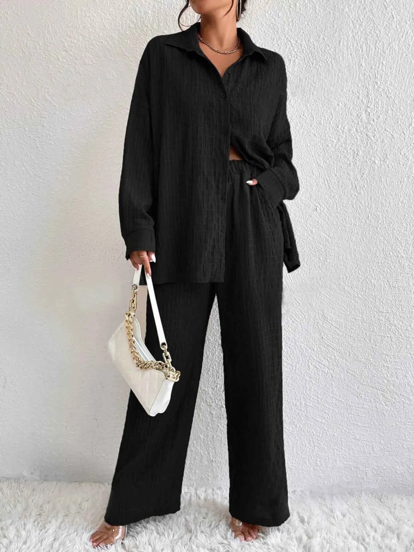 Button Up Long Sleeve Shirt and Pants Set a4284a1d752f4f7285a1bfbeaf93b69c-Max-Origin