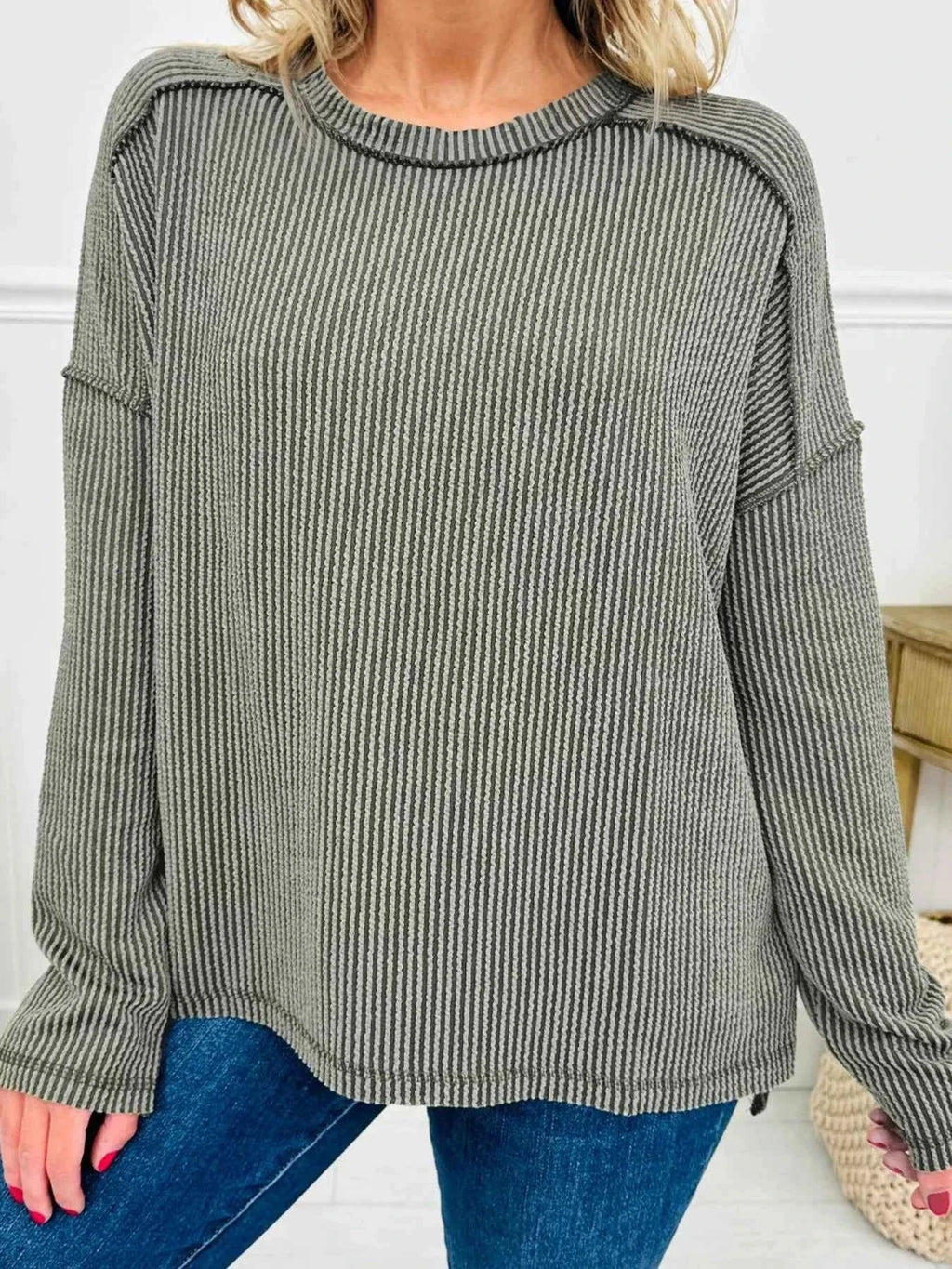 Twist Ribbed Exposed Seam Detail Long Sleeve Loose Top Sage a44b04faed2645d599c2ae44a905f6dc-Max-Origin