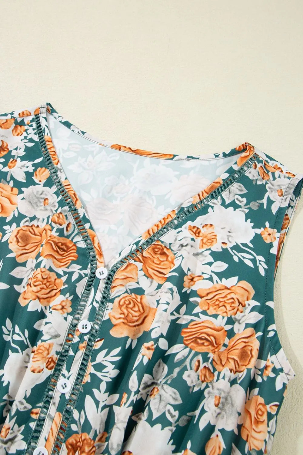 Floral Print Trimmed V Neck Tie Waist Sleeveless Dress a44d76bd-3788-4e87-b6f3-9a5e5f5086cf-Max-Origin