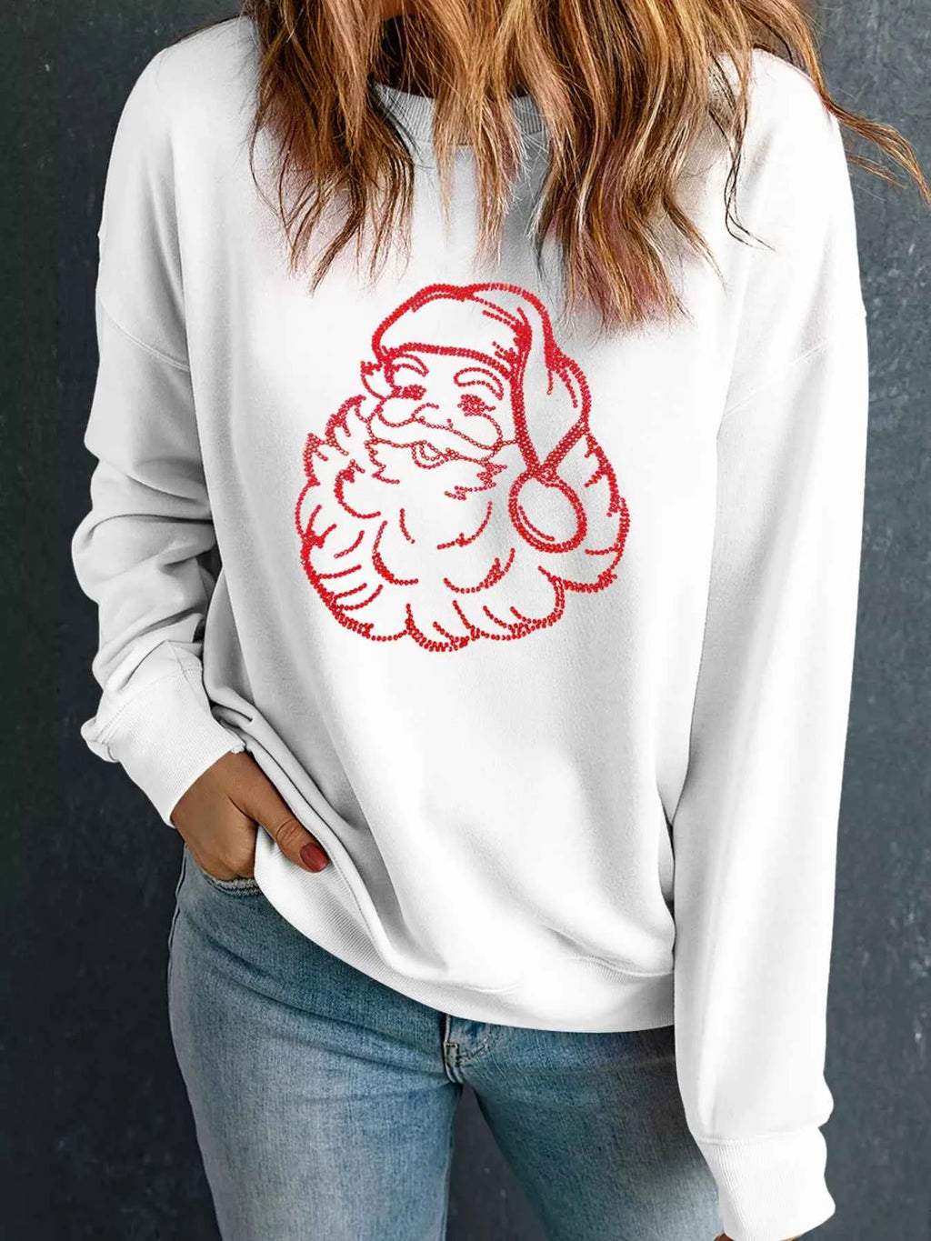 Christmas Santa Rhinestone Drop Shoulder Sweatshirt White a467f18b754740fbb5cd2b5b941795c0-Max-Origin