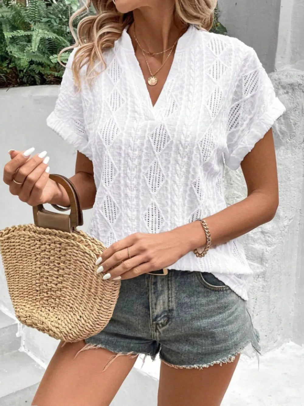 Openwork Notched Short Sleeve Blouse a47d278d-b5e4-447c-b9f0-8bd8f8ec8377-Max