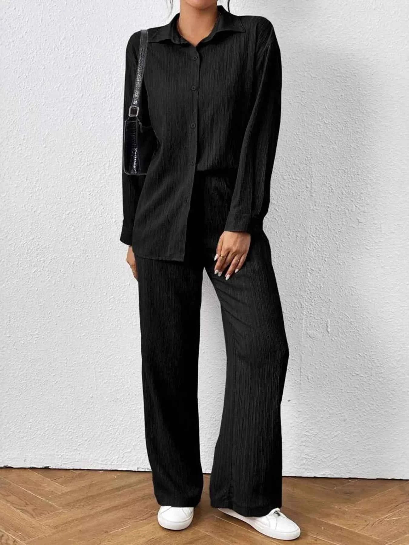 Button Up Long Sleeve Shirt and Pants Set Black a4803c818e4f4a8baaea612a42547cd2-Max-Origin