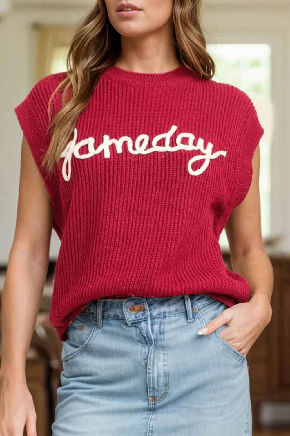 GAME DAY Round Neck Sweater Vest Burgundy a4926b4f-6444-49ad-8d57-deb77e971673-Max