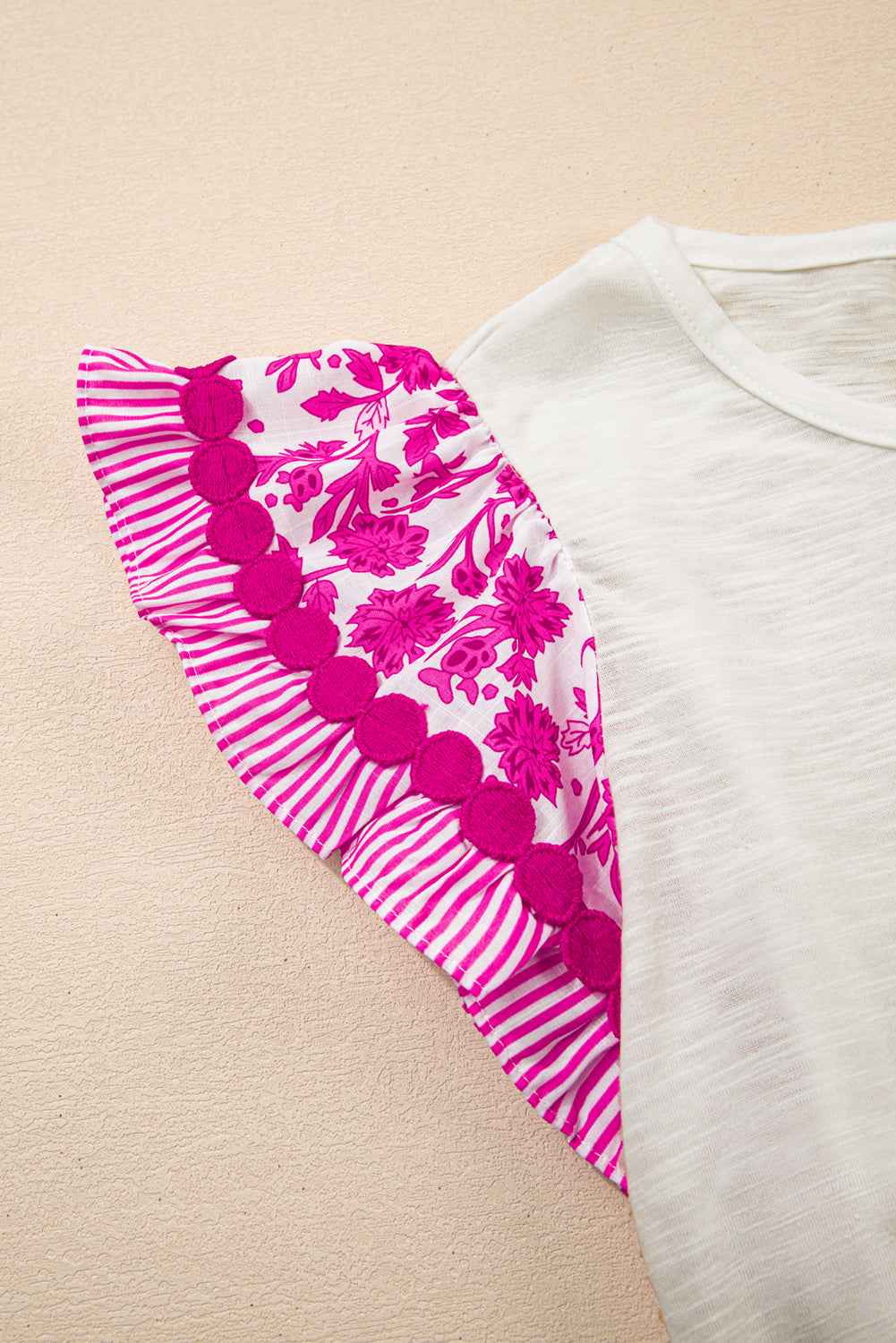 Blue Floral Striped Patchwork Flutter Sleeve Blouse a49decb38239da52