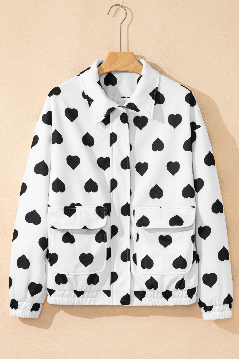 White Zipper Heart Print Collared Jacket a49e9c1f0e115425