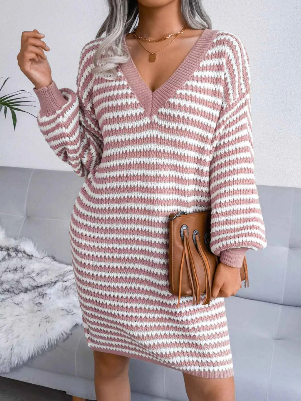 Striped V-Neck Long Sleeve Sweater Dress a4ab6945-a8c7-49a5-8dfb-7b518e29e529-Max-Origin