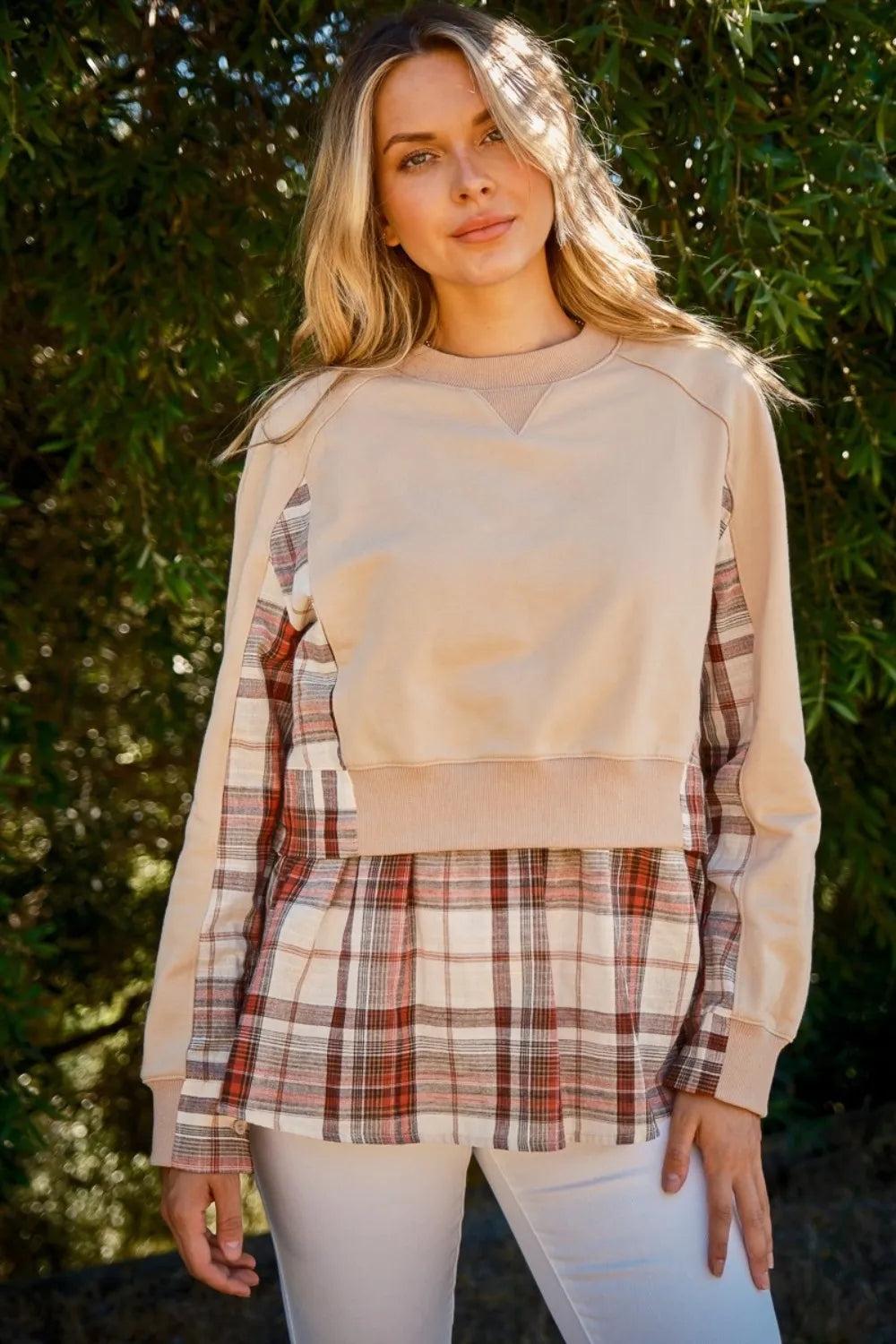 And The Why Full Size Double Layered Plaid Contrast Sweatshirt Taupe a4b1dadc-07d1-4fc8-bf3f-d4c794eeceb9-Max