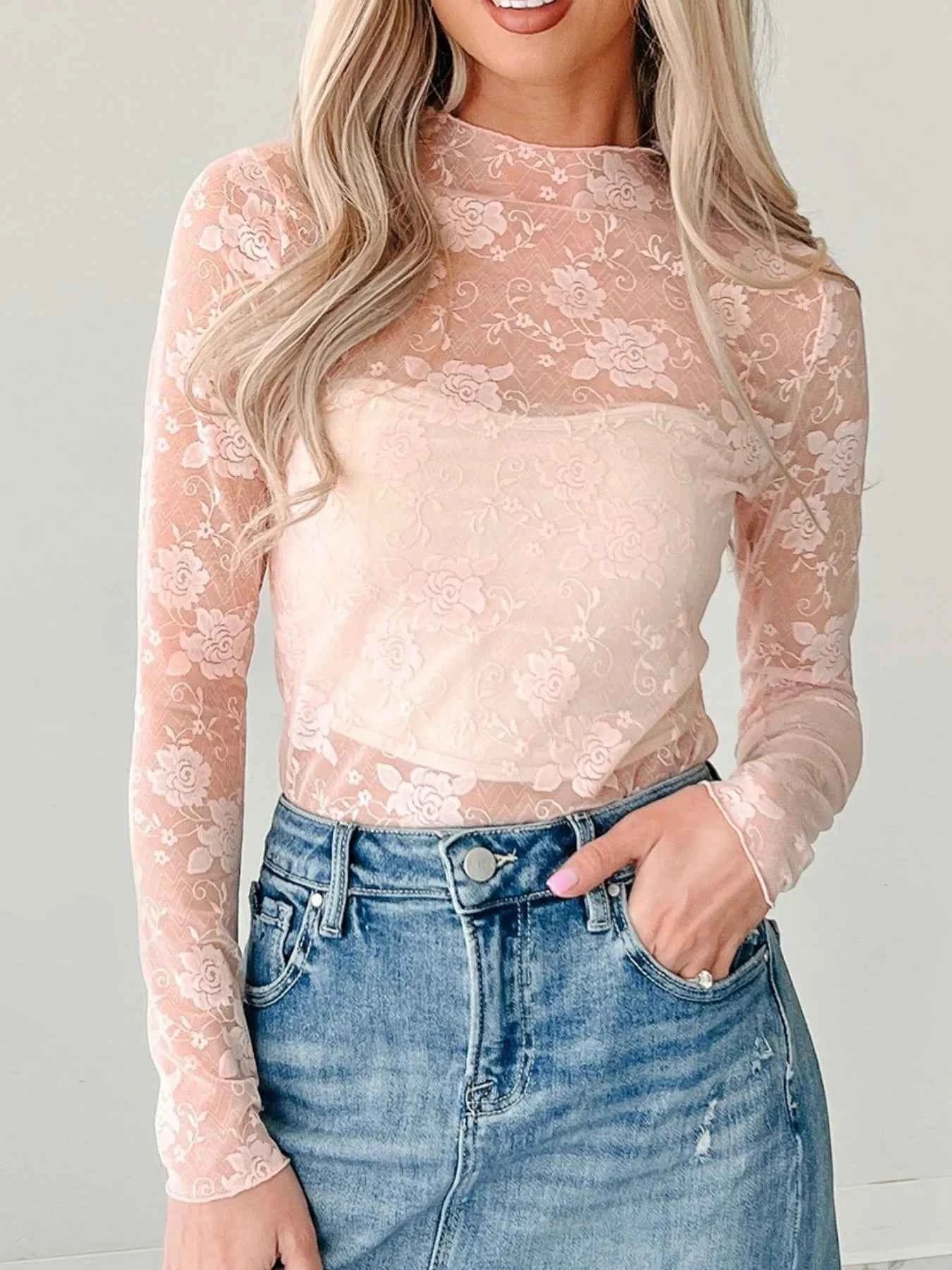 Lace Mock Neck Long Sleeve Blouse a4b5fe12-f3ab-4663-943b-b446b90d756b-Max-Origin
