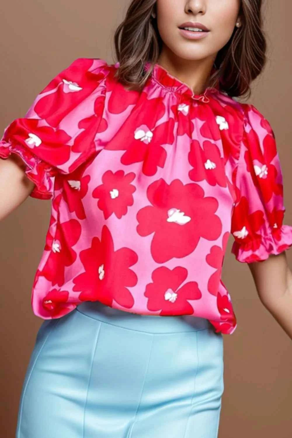 Ruffled Printed Mock Neck Short Sleeve Blouse a4c2a105-a01c-49d0-91e1-678f2502b293-Max
