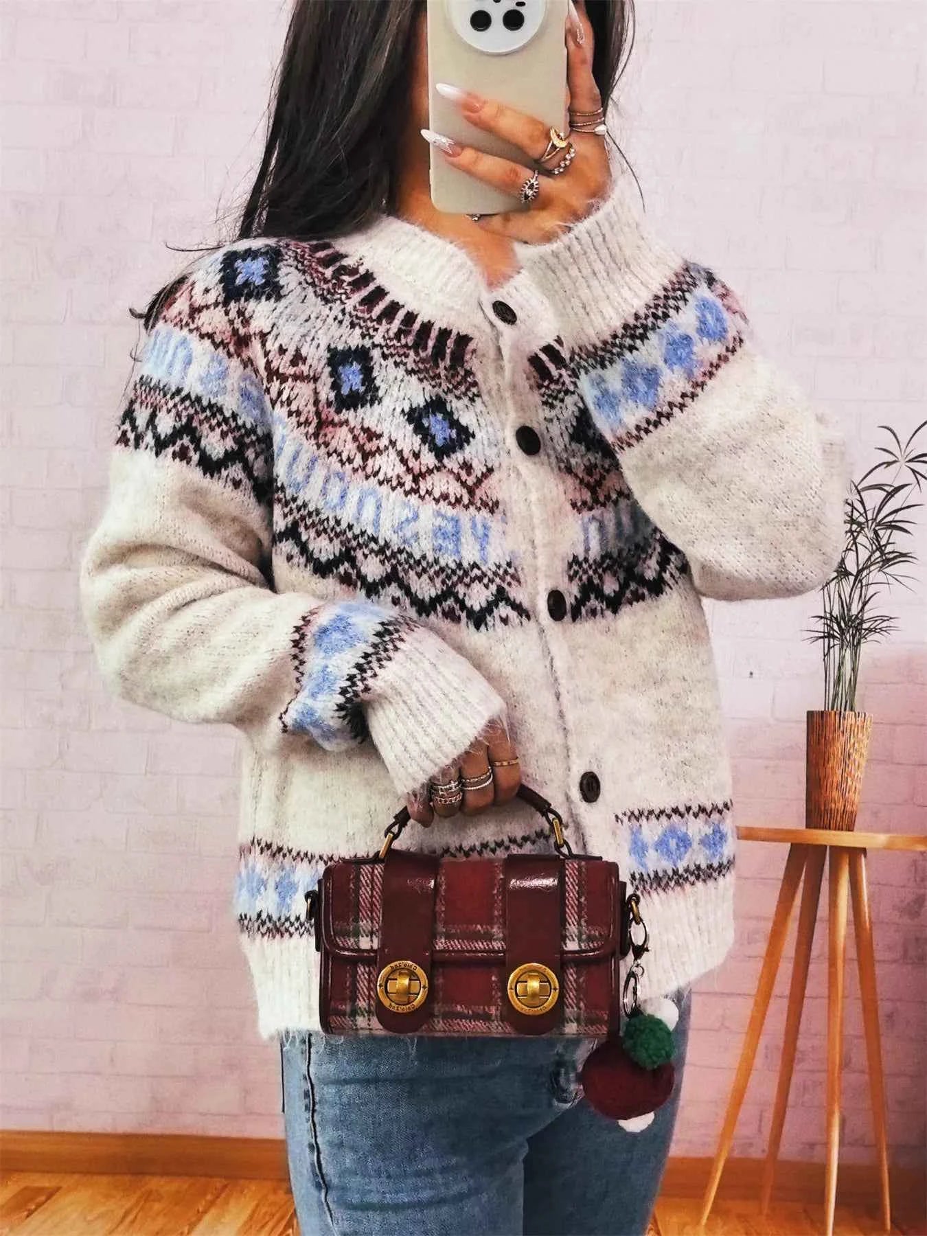 Geometric Pattern Button Up Long Sleeve Cardigan a4c36a128bf844b2a738c212f1fffb90-Max-Origin