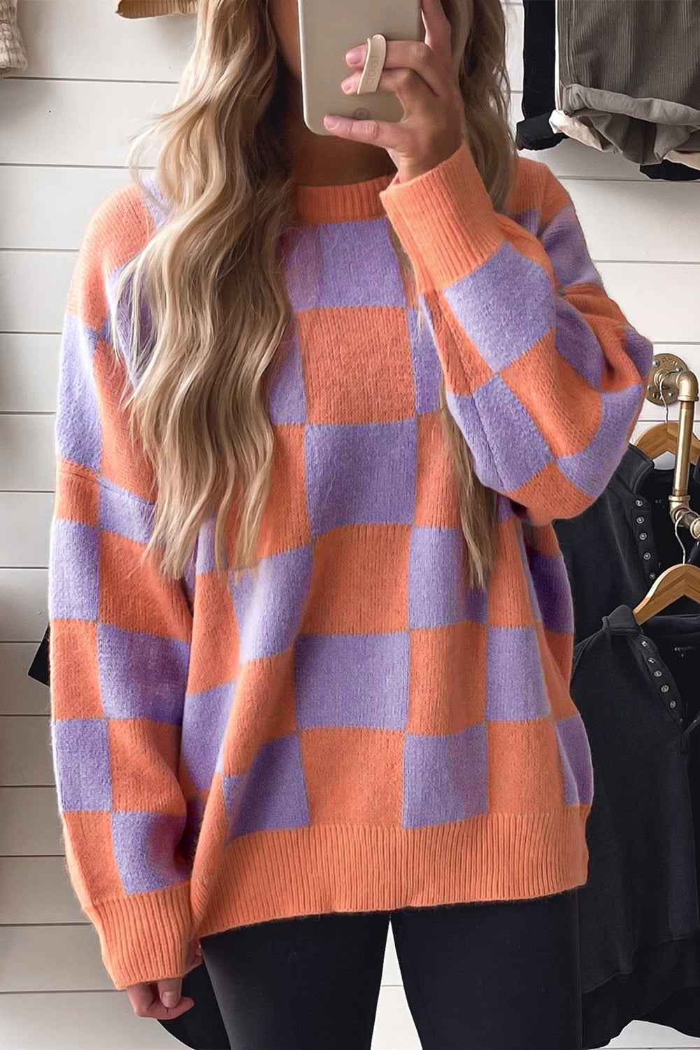 Parchment Checkered Pattern Ribbed Trim Knit Baggy Sweater Grapefruit Orange 52%Viscose+26%Polyester+22%Polyamide a4e05d822872a61b