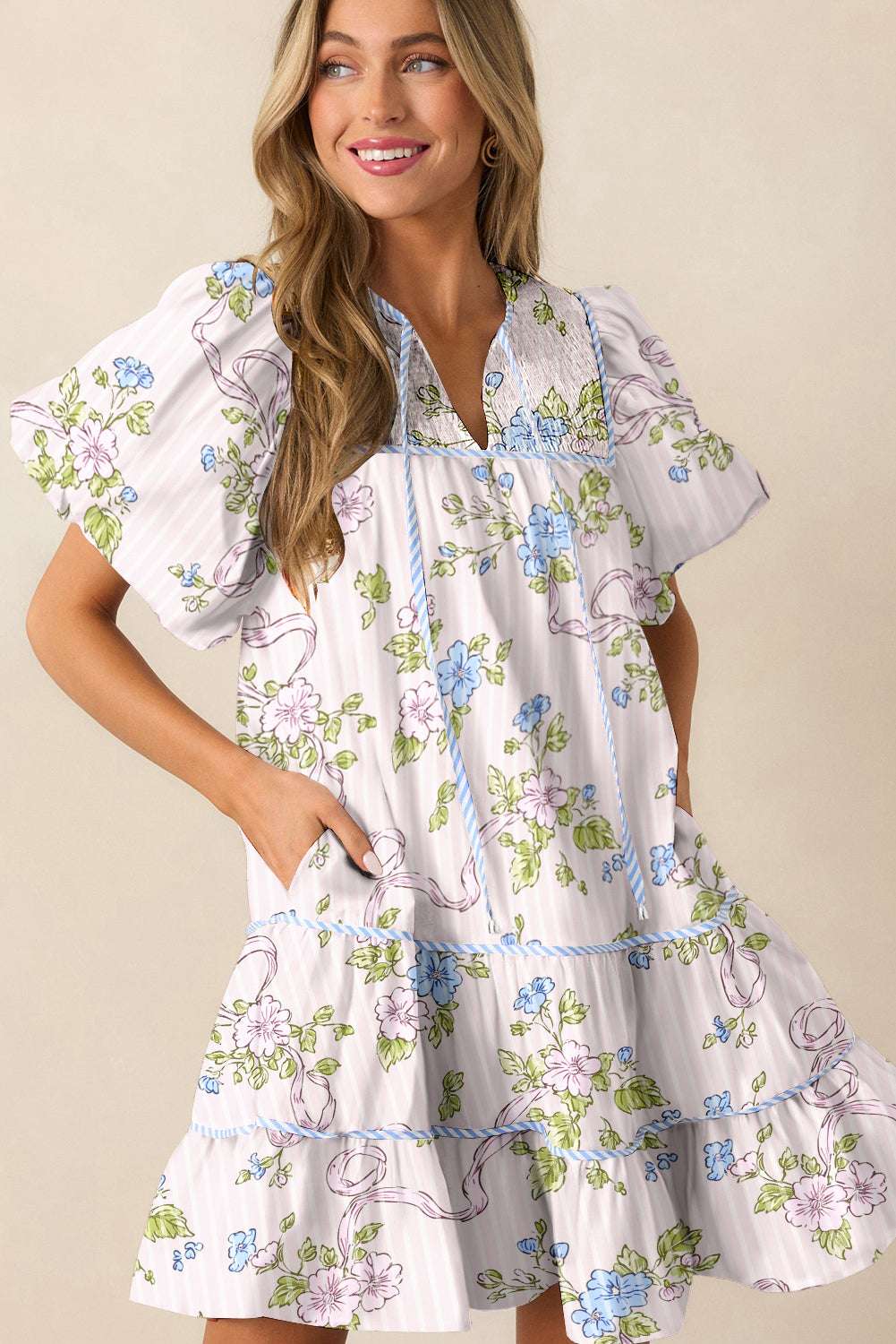 Pink Floral Striped Print Contrast Trim Tie Split Neck Mini Dress a4f66661de007c56-_3