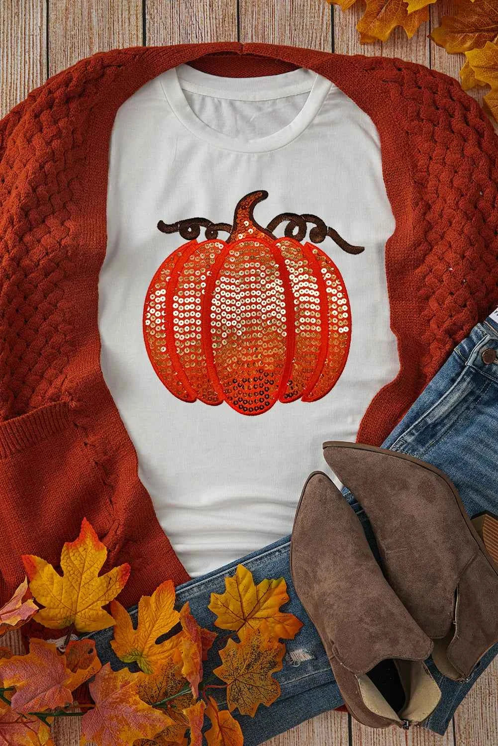 Full Size Sequin Pumpkin Round Neck Short Sleeve T-Shirt a5094dd3-77c8-45e6-9190-cce25bcb1f8c-Max