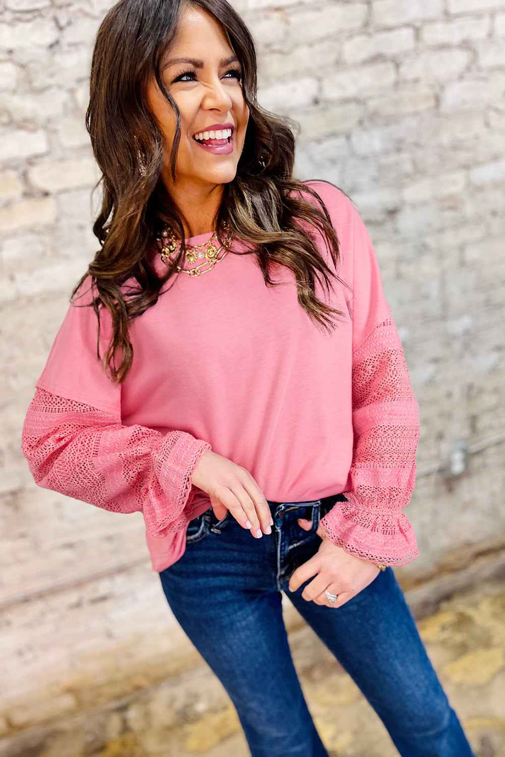 Sachet Pink Lace Patchwork Sleeve Loose Sweatshirt a5168d47eca823e7