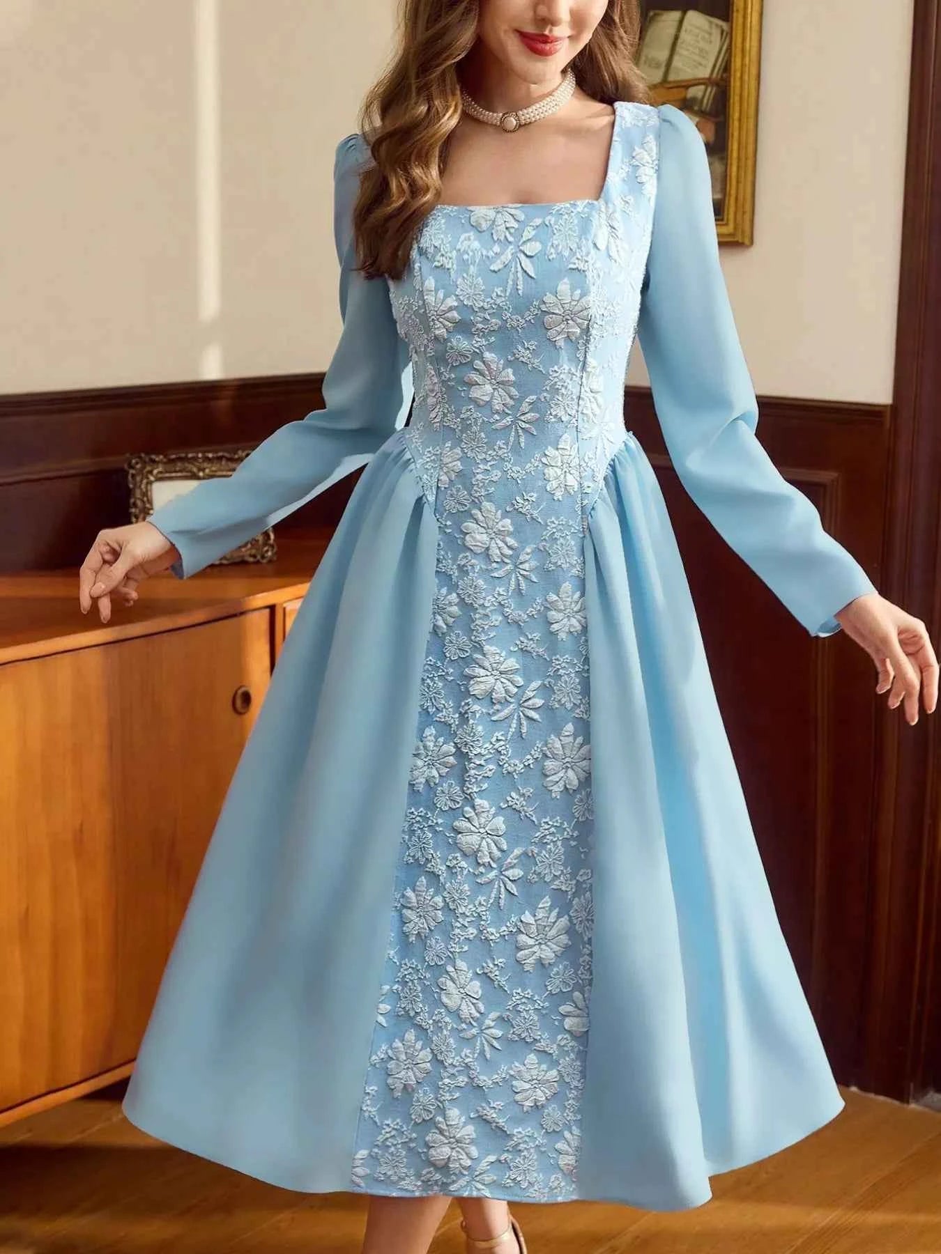 Floral Embroidered Long Sleeve A-Line Dress Sky Blue a5194a81-6381-43e2-b21b-ec0d0b24c765-Max-Origin