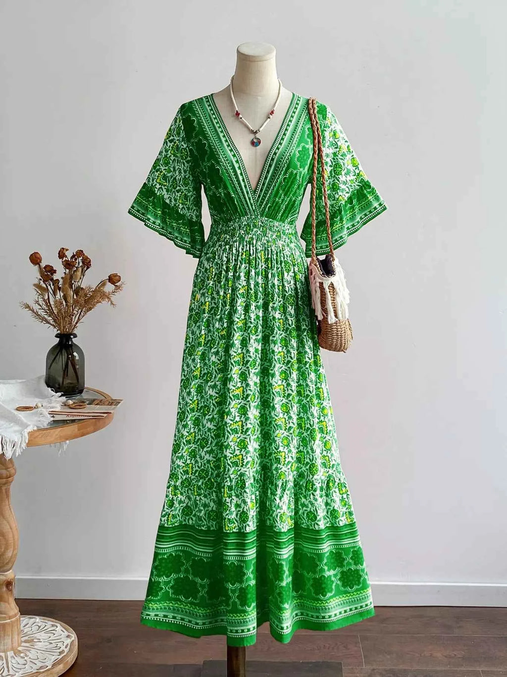 Floral Deep V-Neck Flutter Sleeves Dress Green a535f75c-1f75-48c1-8dc0-3092600f7b89-Max-Origin
