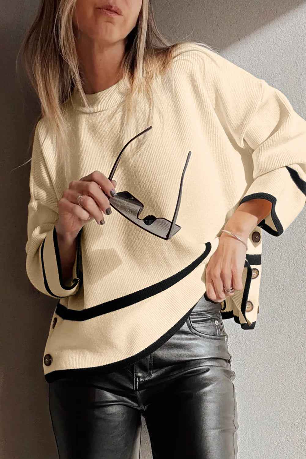 Beige Ribbed Knit Contrasted Stripe Detail Button Side Loose Sweater a53bc9e8e0843128