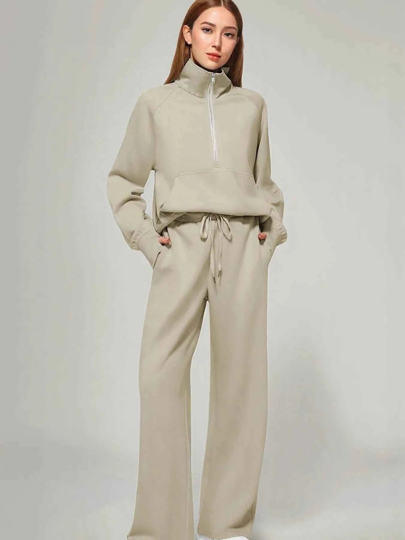 Half Zip Long Sleeve Top and Pants Set Khaki a53df41e8ec24256b1b509e4a3c1f144-Max-Origin