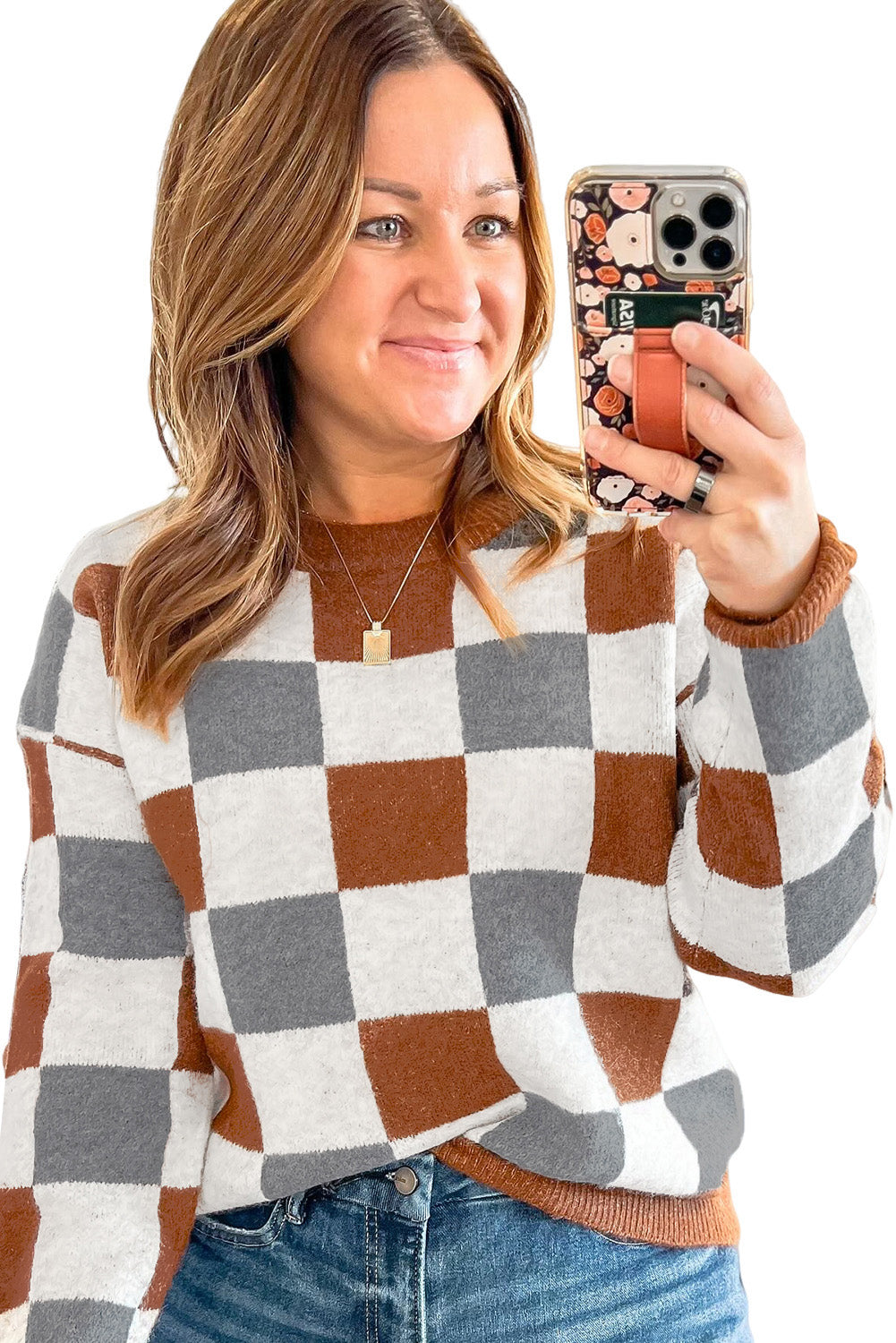 Brown Colorblock Checkered Drop Sleeve Plus Size Sweater Brown 52%Viscose+26%Polyester+22%Polyamide a54871c22b8df5e7
