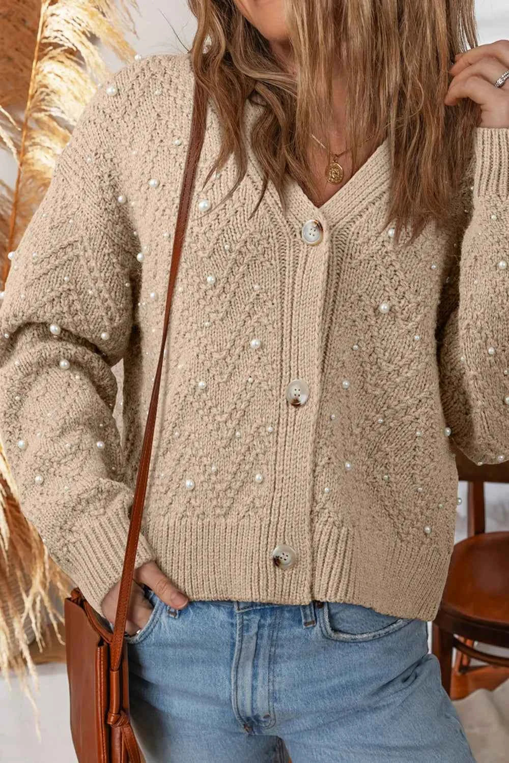 Pearl Embellished Button Front V Neck Sweater Cardigan a556d886-bda6-429e-867d-43957073cfc6-Max-Origin
