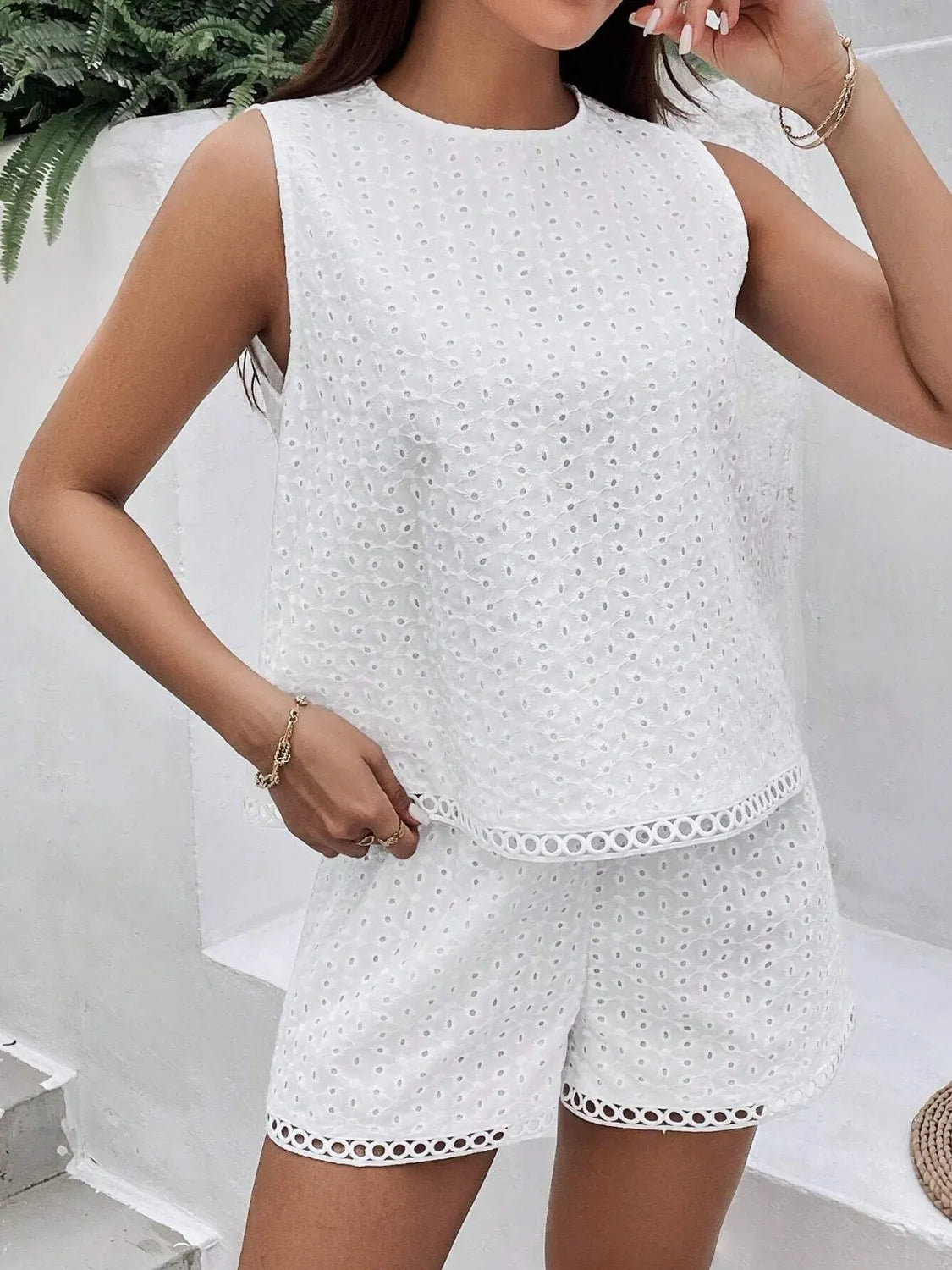 Eyelet Round Neck Top and Shorts Set a559ac25-e978-43bd-bd62-5ec36ec619e3-Max-Origin