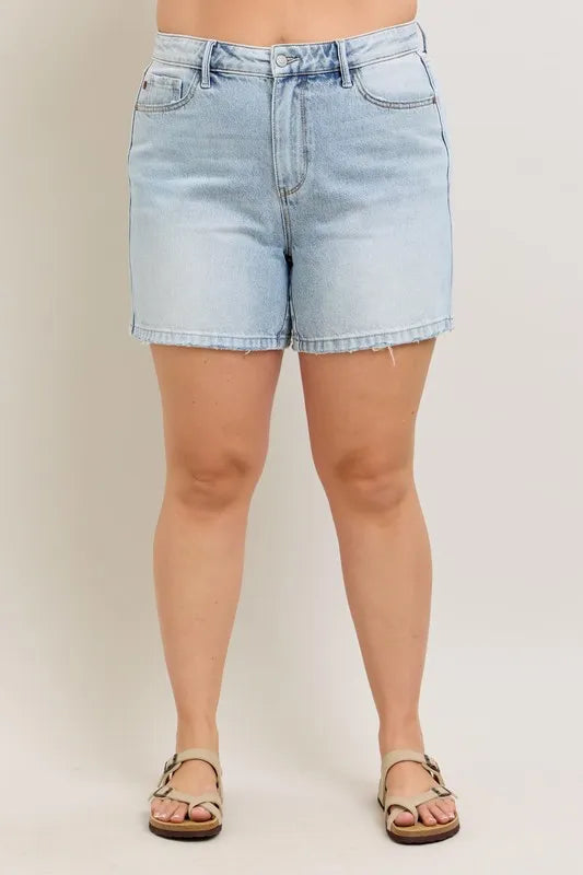 Judy Blue Full Size Frayed Hem High Rise Denim Shorts with Pockets Plus Size a56fb7f8-33fe-4854-8168-1d7fc9143cbd-Max